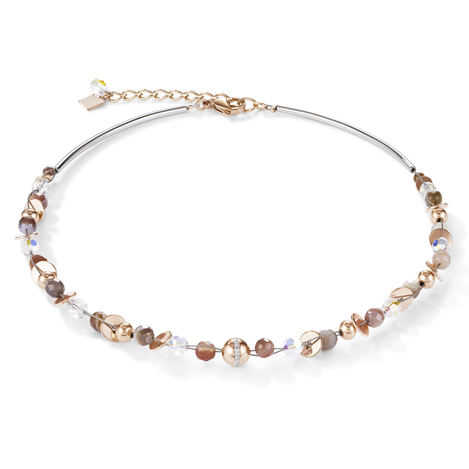 Necklace TwistedPEARLS Botswana agate & stainless steel rose gold beige-grey