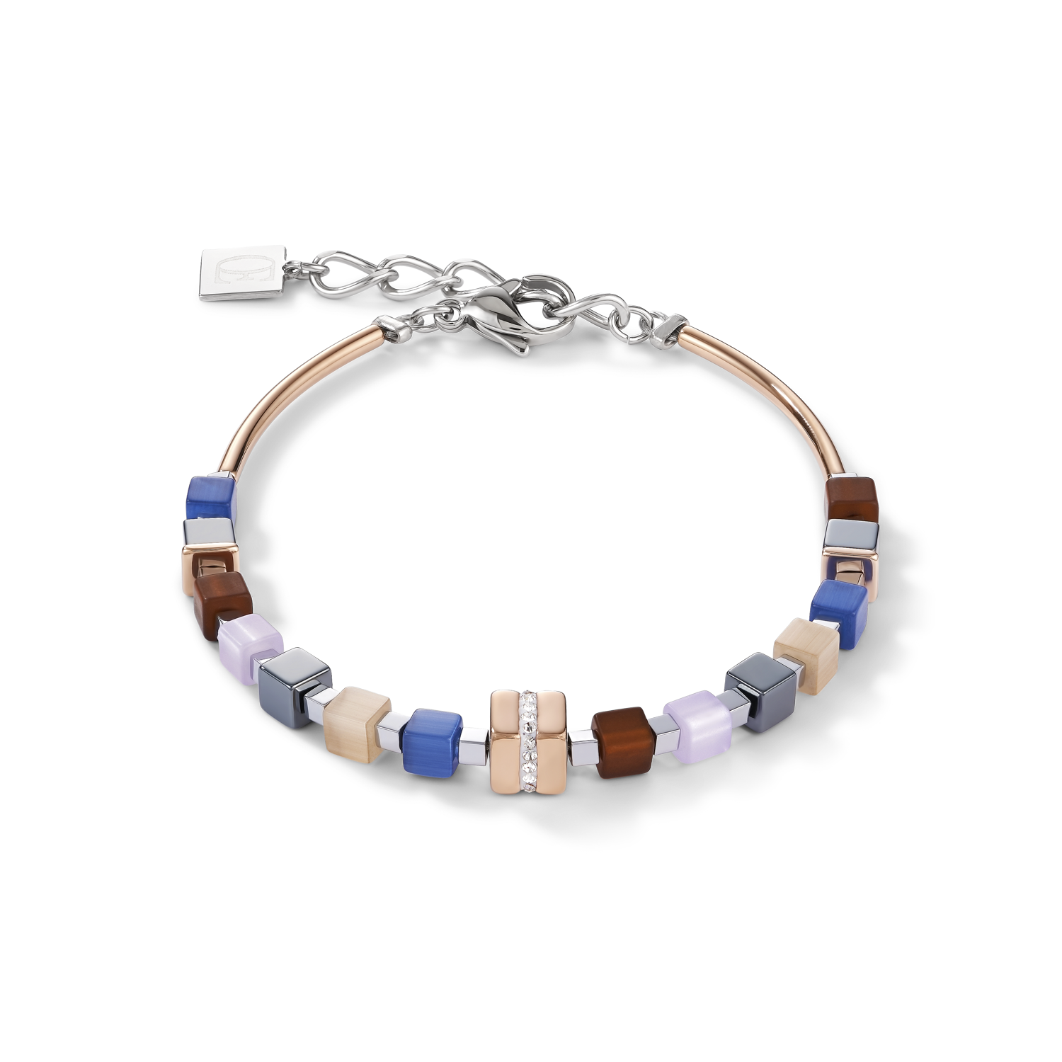 Bracelet GeoCUBE® Stainless steel rose gold & crystals pavé blue-brown