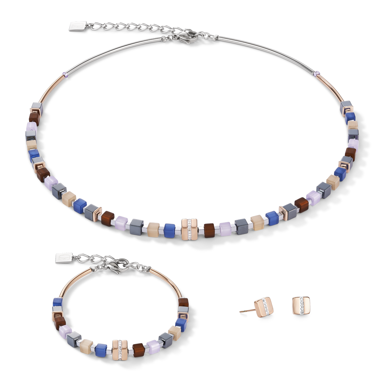 Bracelet GeoCUBE® Stainless steel rose gold & crystals pavé blue-brown