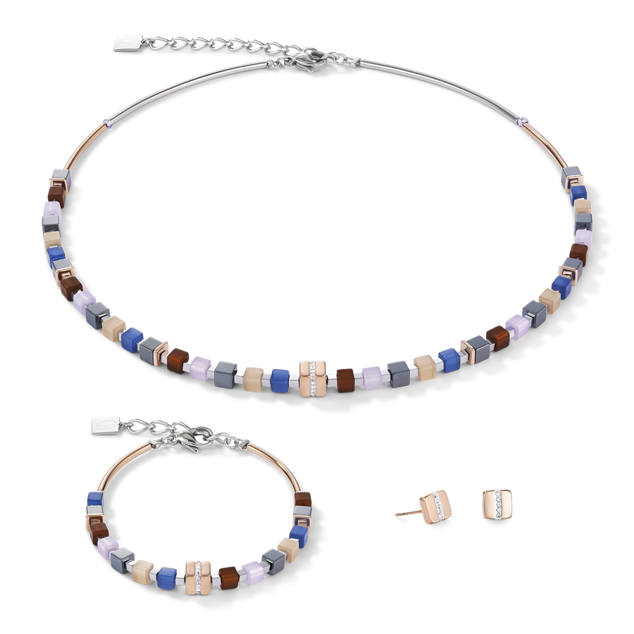 Bracelet GeoCUBE® Stainless steel rose gold & crystals pavé blue-brown