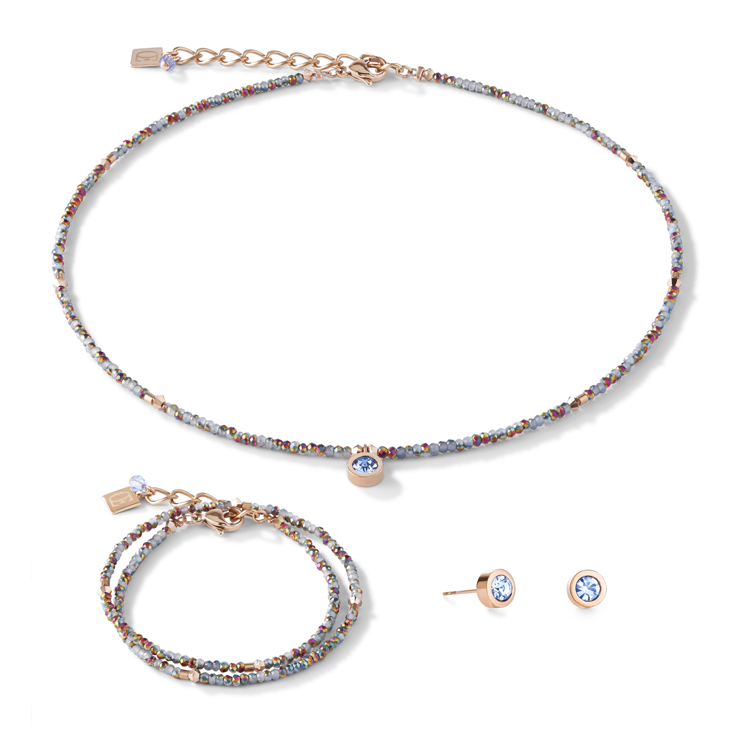 Necklace small crystal rose gold & light blue