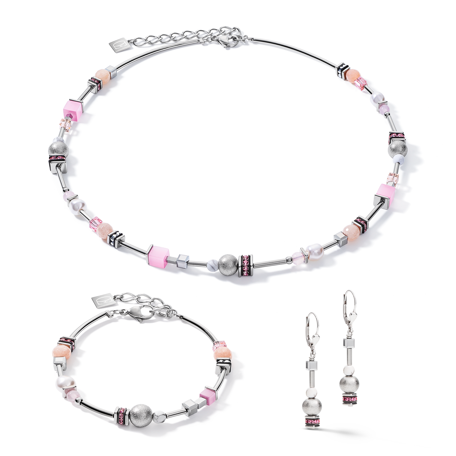 Earrings Pearls & Cubes gemstones silver-rose