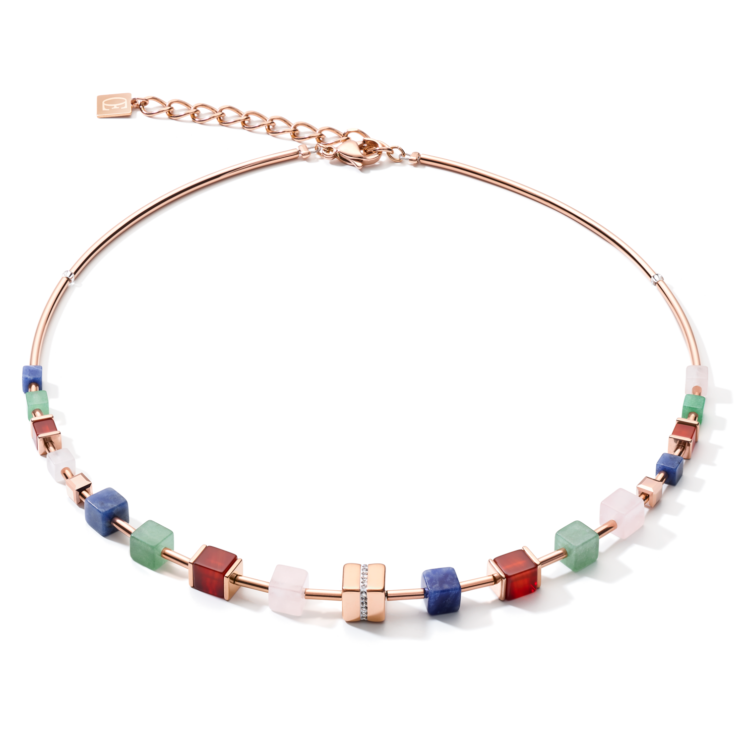 Necklace GeoCUBE® big Kristall Pavé Cube, Edelsteine & Edelstahl roségold multicolor gemstone