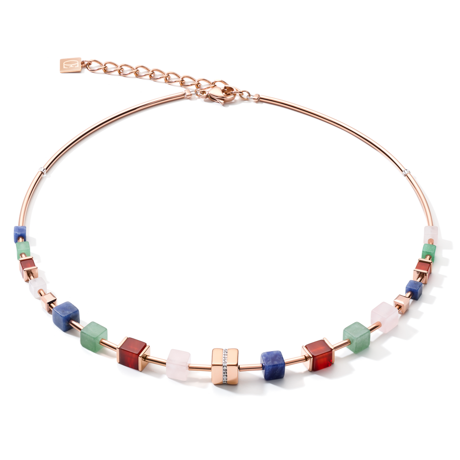 Necklace GeoCUBE® big Kristall Pavé Cube, Edelsteine & Edelstahl roségold multicolor gemstone