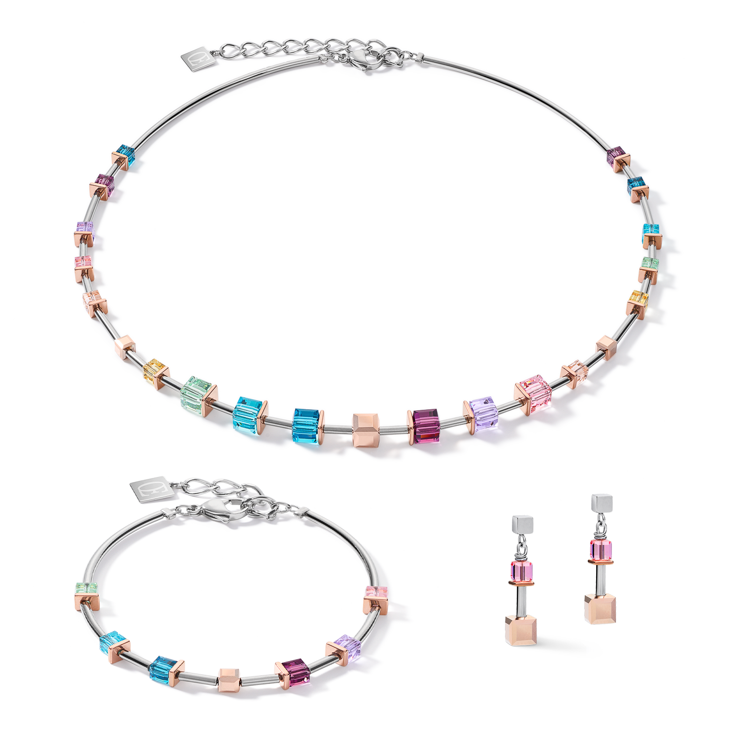 Earrings GeoCUBE® Crystals & stainless steel rose gold-silver multicolour Art Nouveau