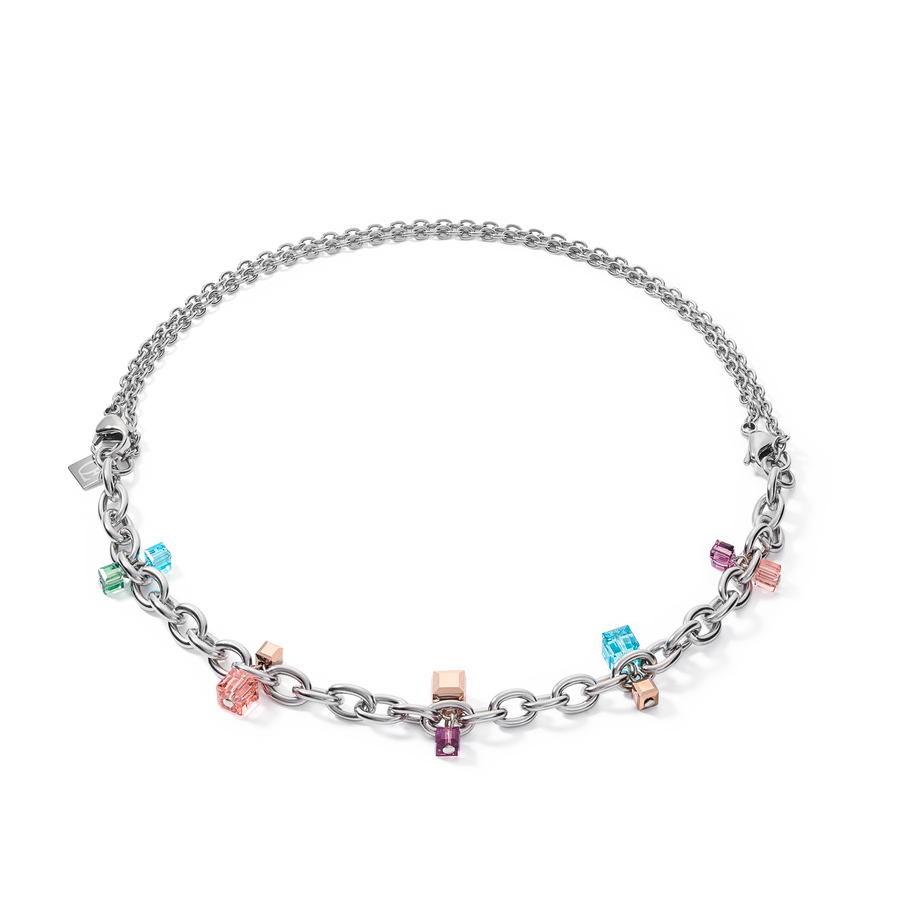 Necklace casual & chunky chain stainless steel &  Crystals silver-multicolour Art Nouveau