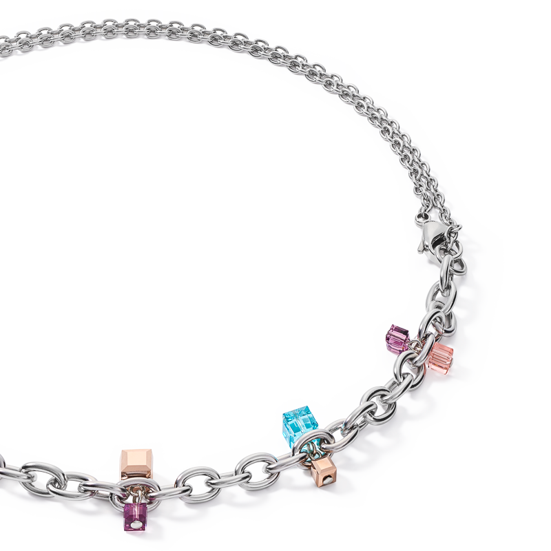 Necklace casual & chunky chain stainless steel &  Crystals silver-multicolour Art Nouveau