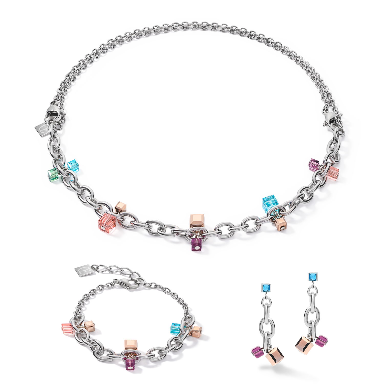 Bracelet casual & chunky chain stainless steel &  Crystals silver-multicolour Art Nouveau