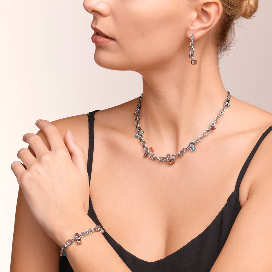 Bracelet casual & chunky chain stainless steel &  Crystals silver-multicolour Art Nouveau