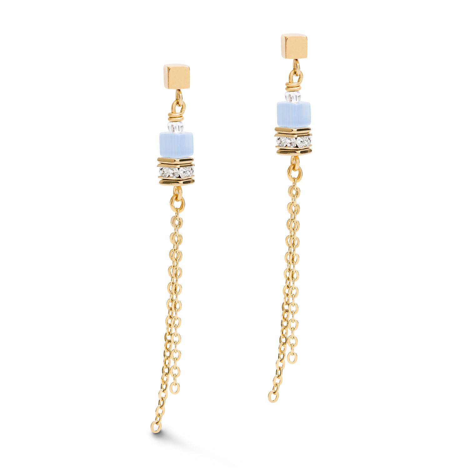 Earrings GeoCUBE® double chain long stainless steel gold-blue