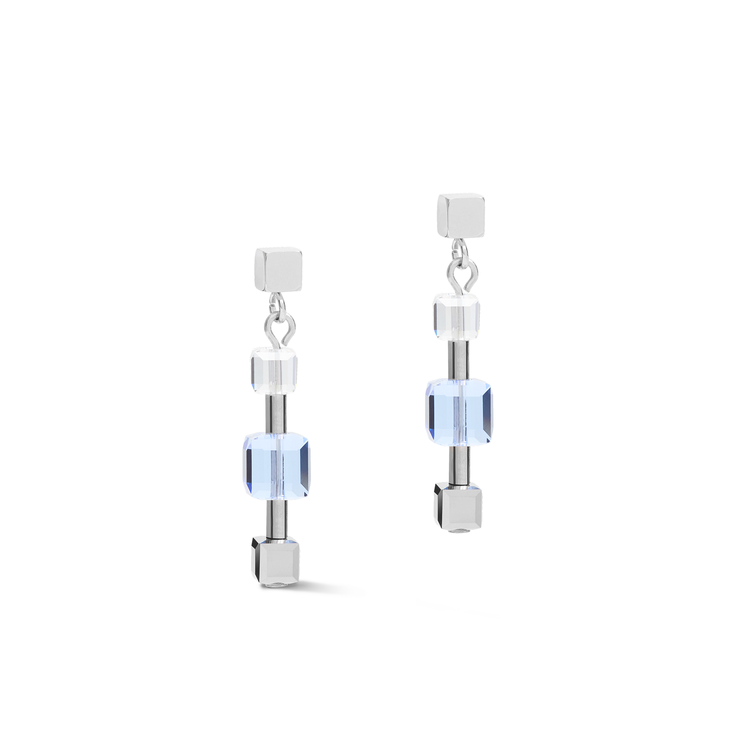 Earrings GeoCUBE® chain long stainless steel & Crystals silver-blue