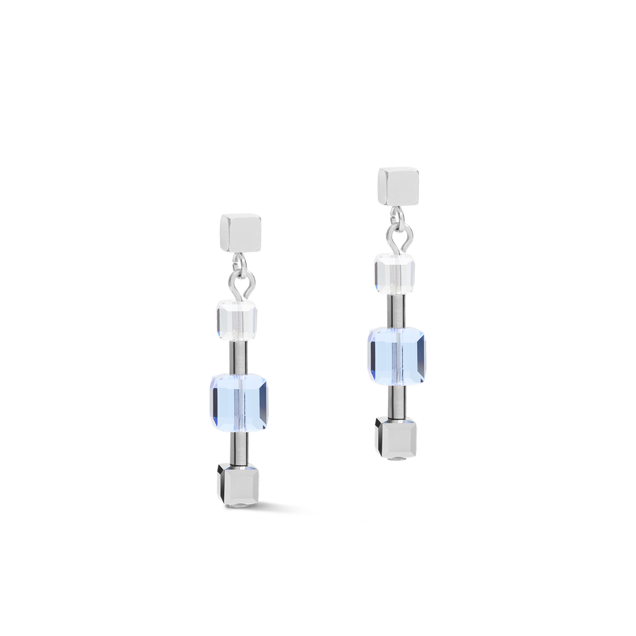 Earrings GeoCUBE® chain long stainless steel & Crystals silver-blue