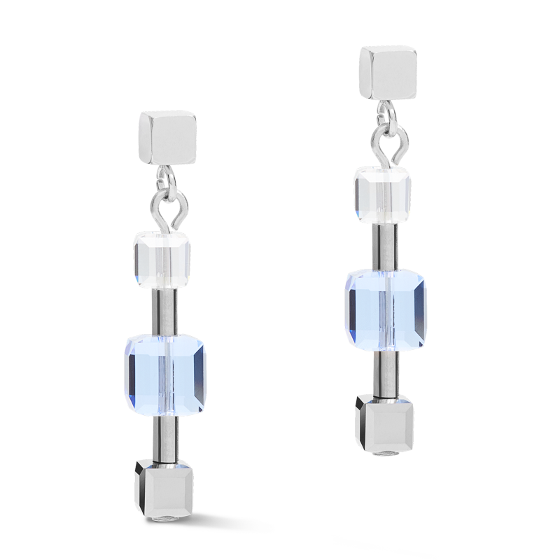 Earrings GeoCUBE® chain long stainless steel & Crystals silver-blue