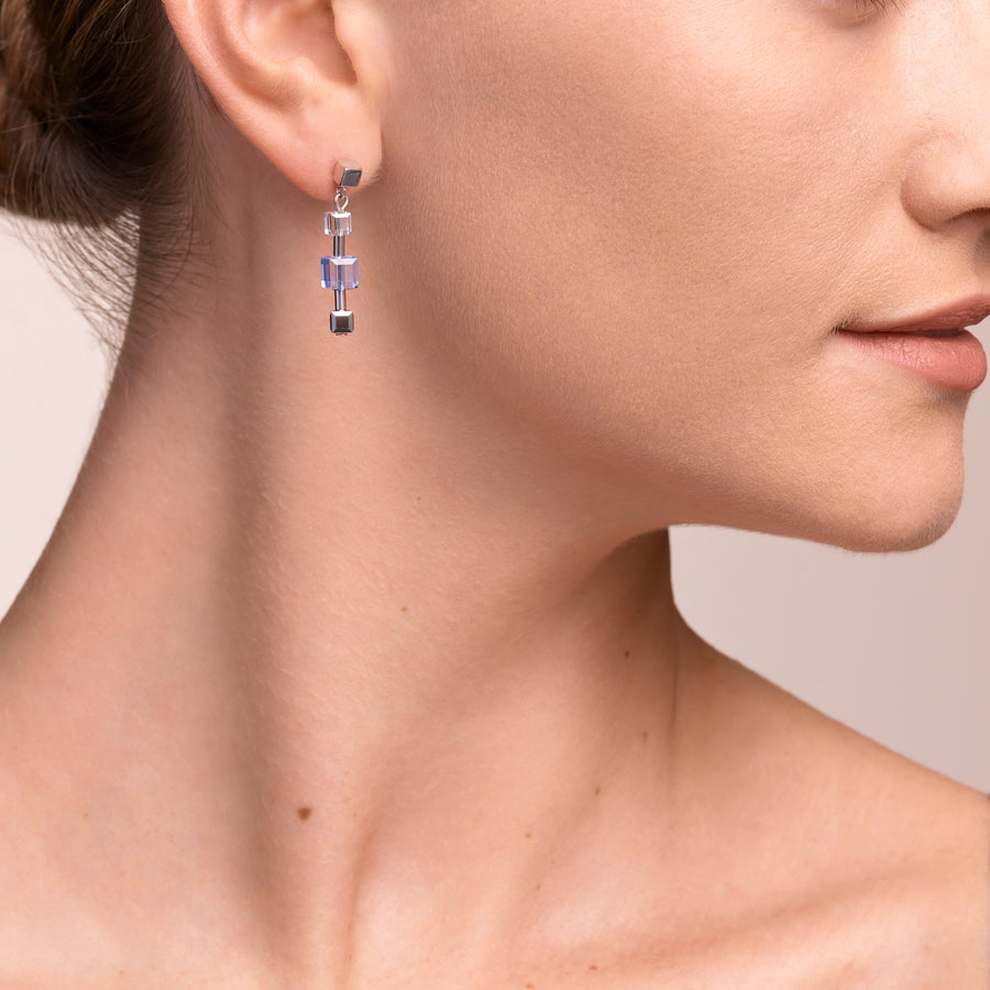 Earrings GeoCUBE® chain long stainless steel & Crystals silver-blue