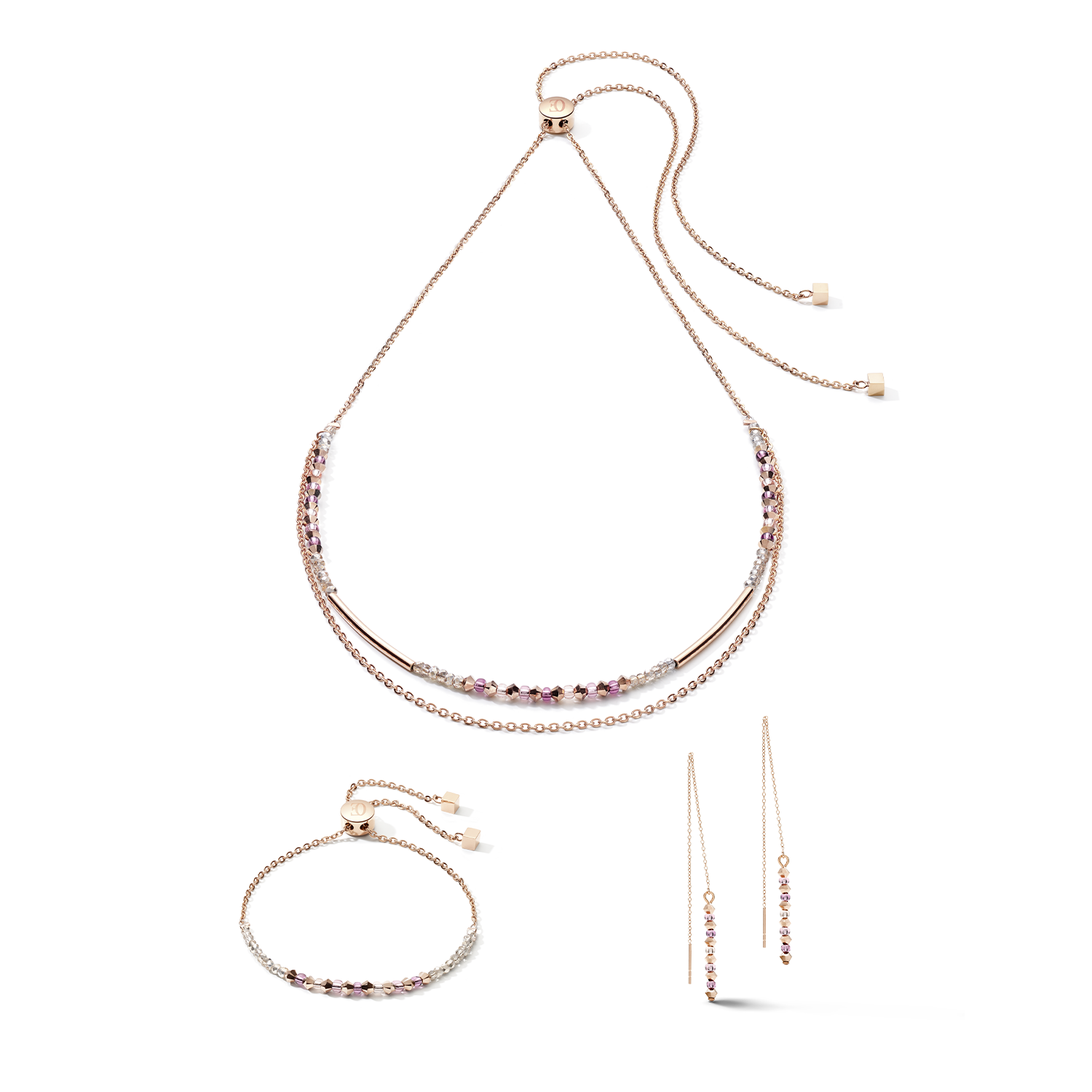 Bracelet 2-layers fine crystals & stainless steel rose gold lilac
