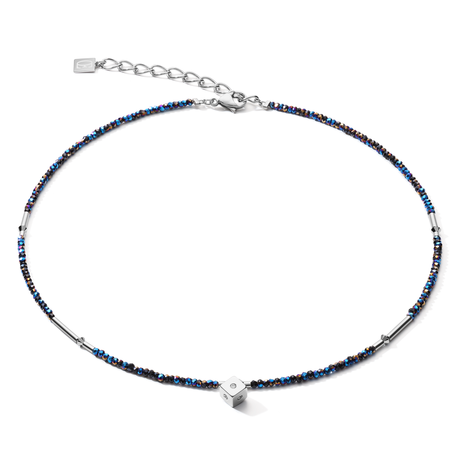 Necklace Cube Crystal Dot stainless steel & crystal glass midnight blue-silver