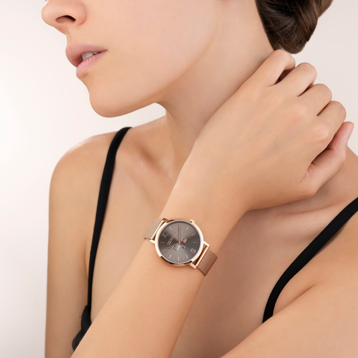Watch Round Mocha Sunray Milanese Stainless Steel Rose Gold