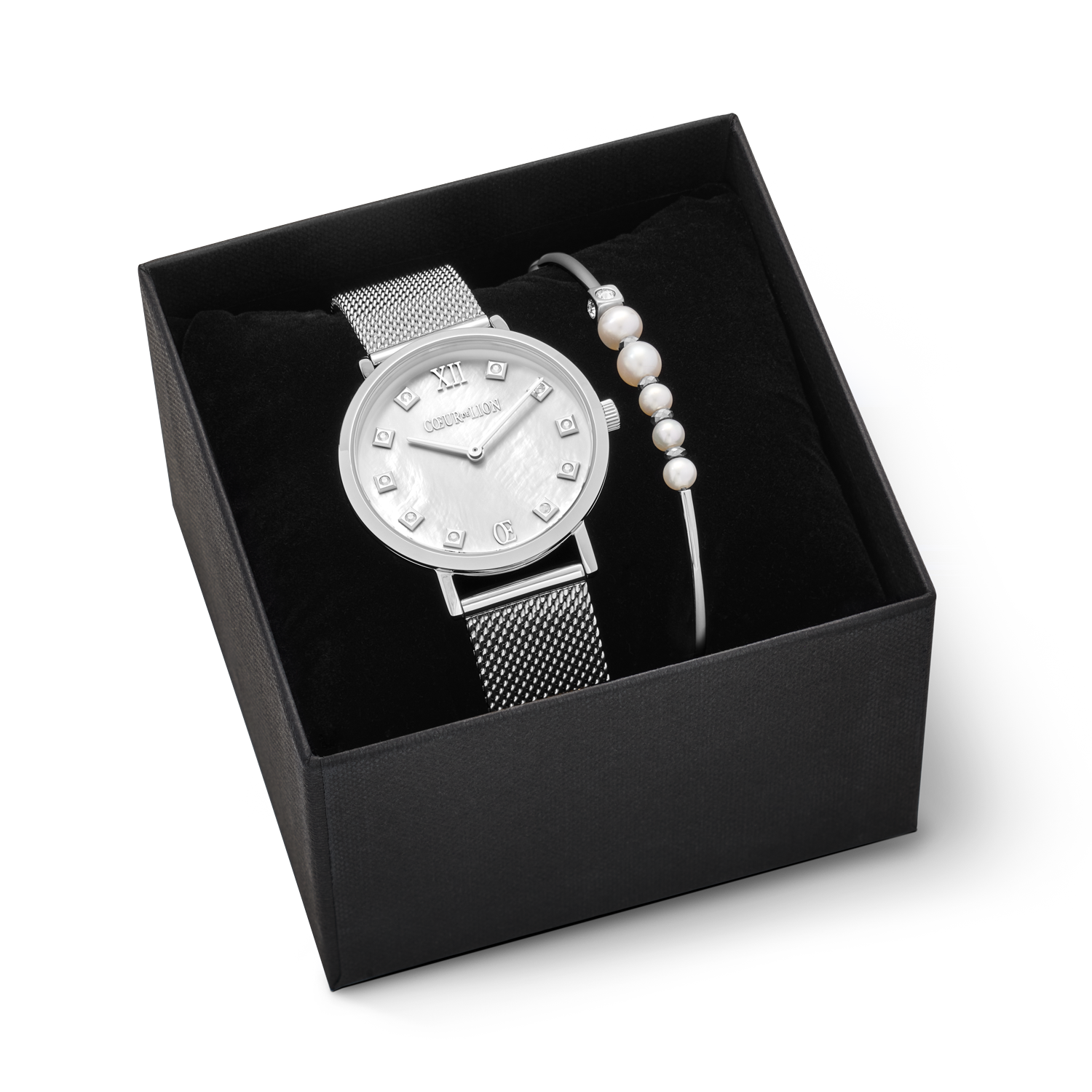 Gift Set Watch Round Mother-of-Pearl Milanaise & Bracelet Asymmetry freshwater pearls white-silver