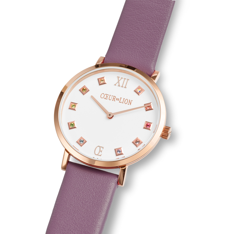 Watch Round Brilliant White Bracelet Leather Mauve