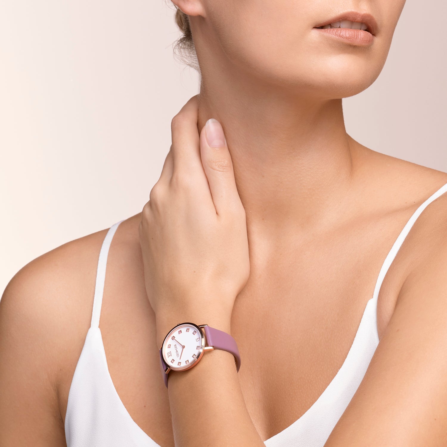 Watch Round Brilliant White Bracelet Leather Mauve