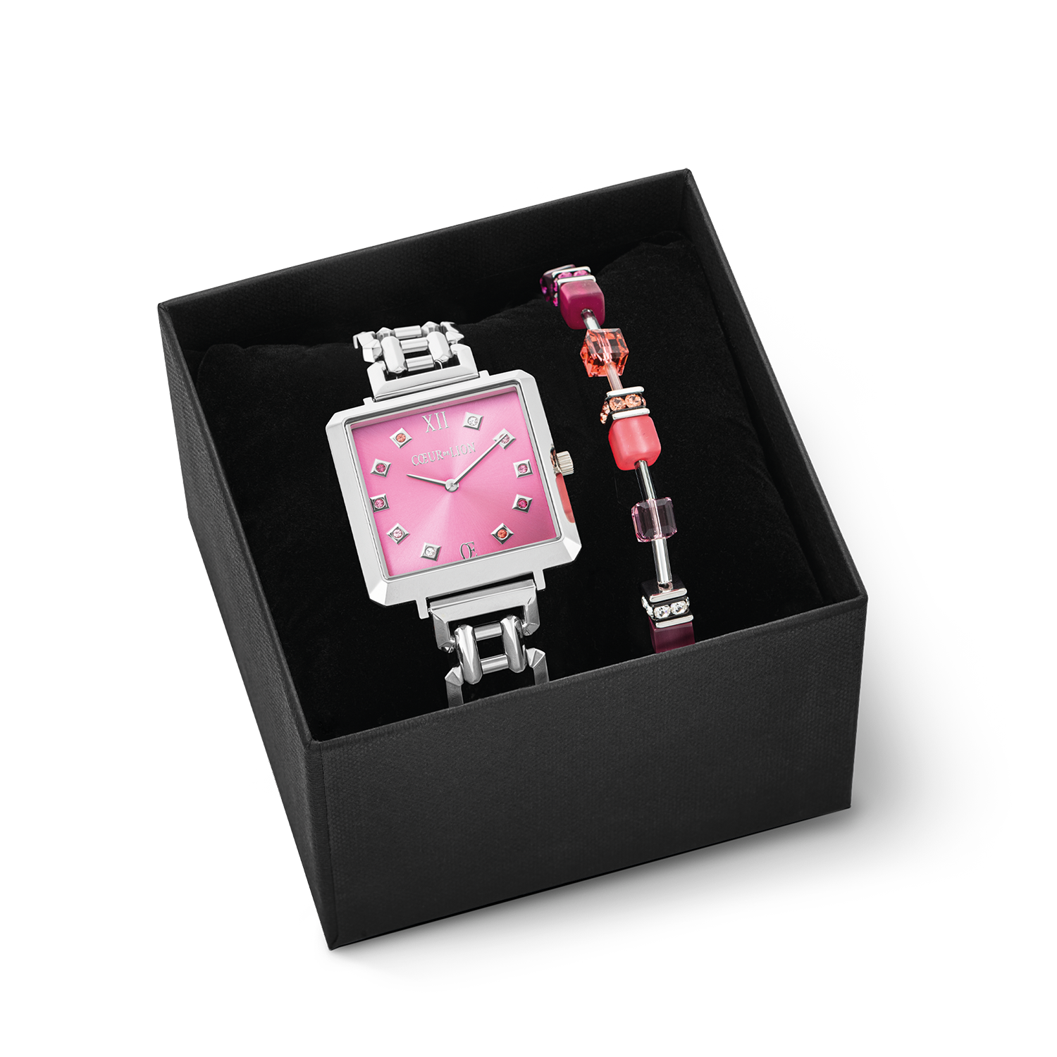 Gift Set Watch Iconic Cube Viva Magenta silver & GeoCUBE® Iconic Bracelet Viva Magenta