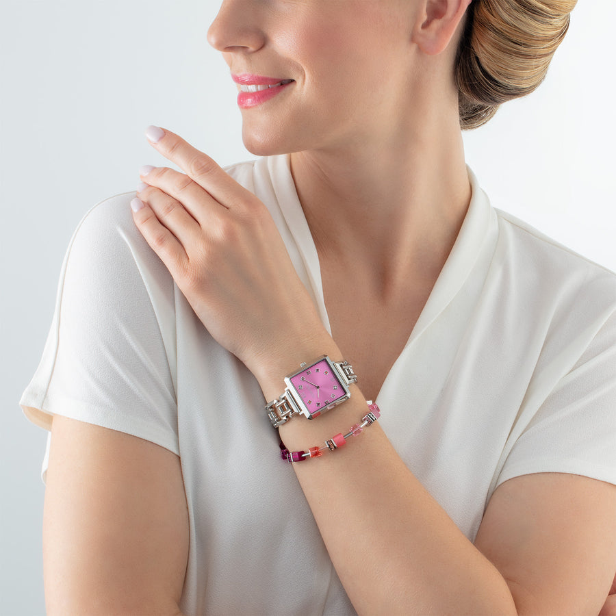 Gift Set Watch Iconic Cube Viva Magenta silver & GeoCUBE® Iconic Bracelet Viva Magenta