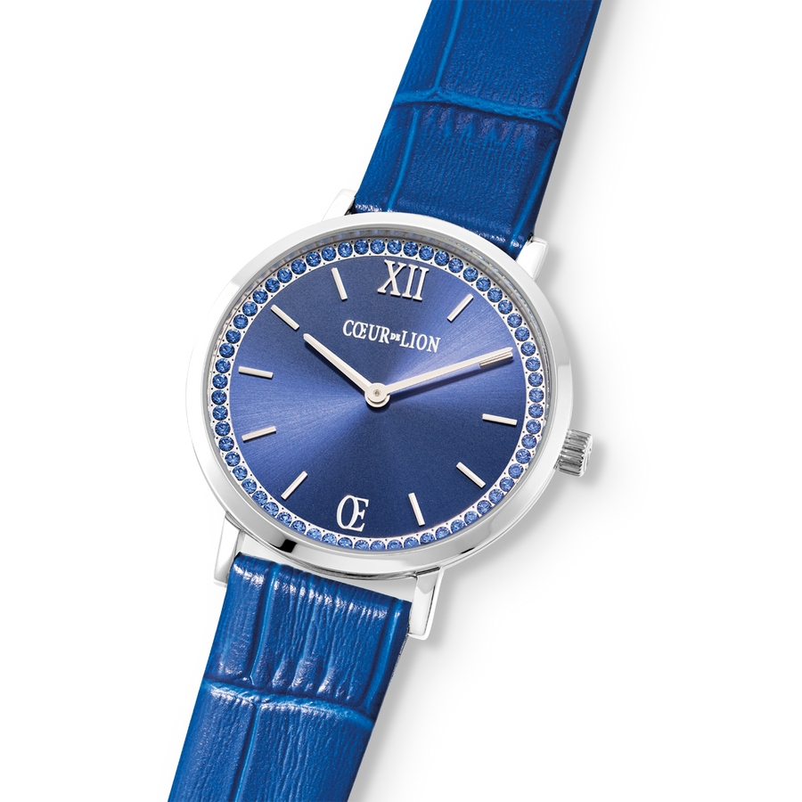 Watch Round Sparkling Sunray Bracelet Leather Royal Blue