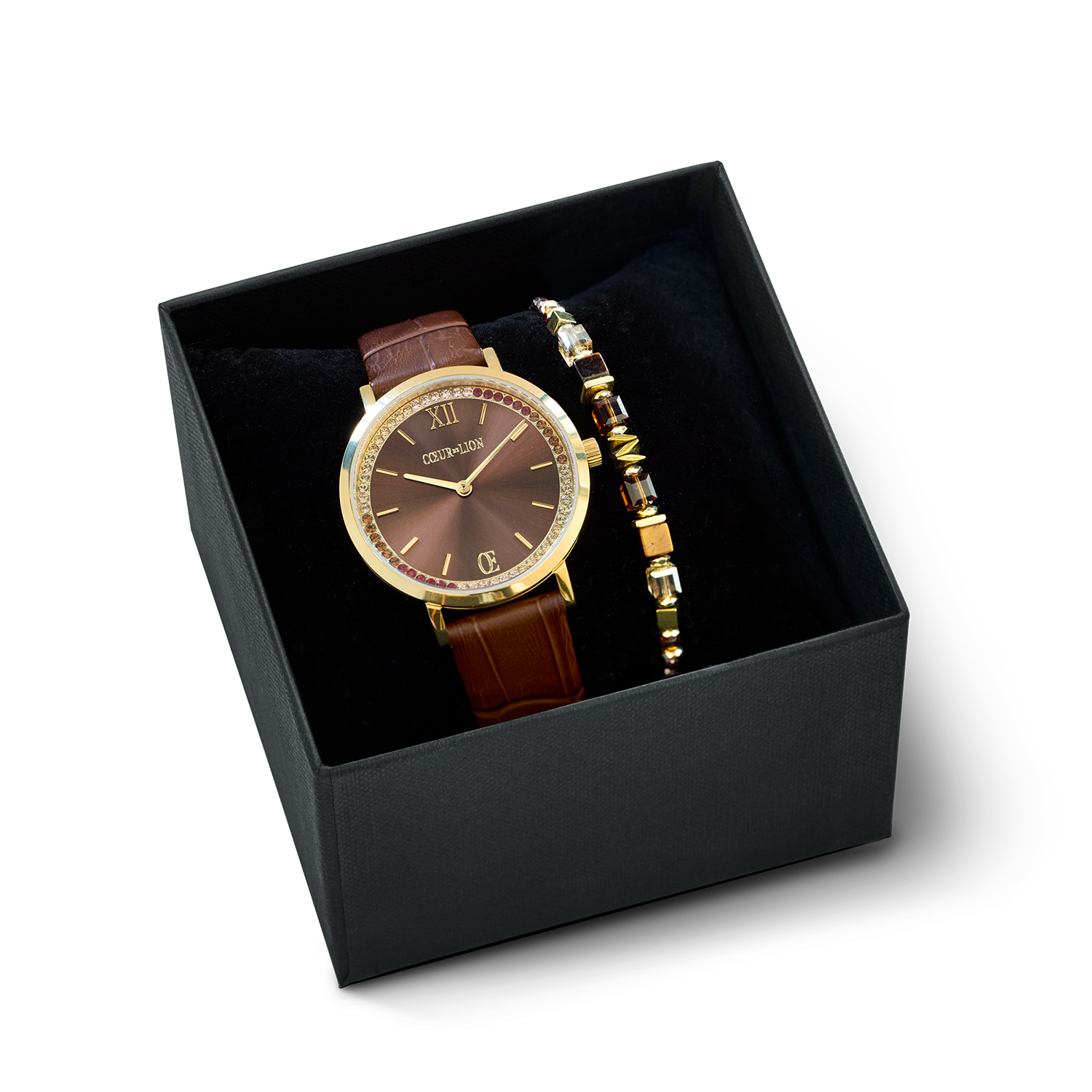 Gift Set Watch Round Sparkling brown & Bracelet Wave Cube Flow gold-brown