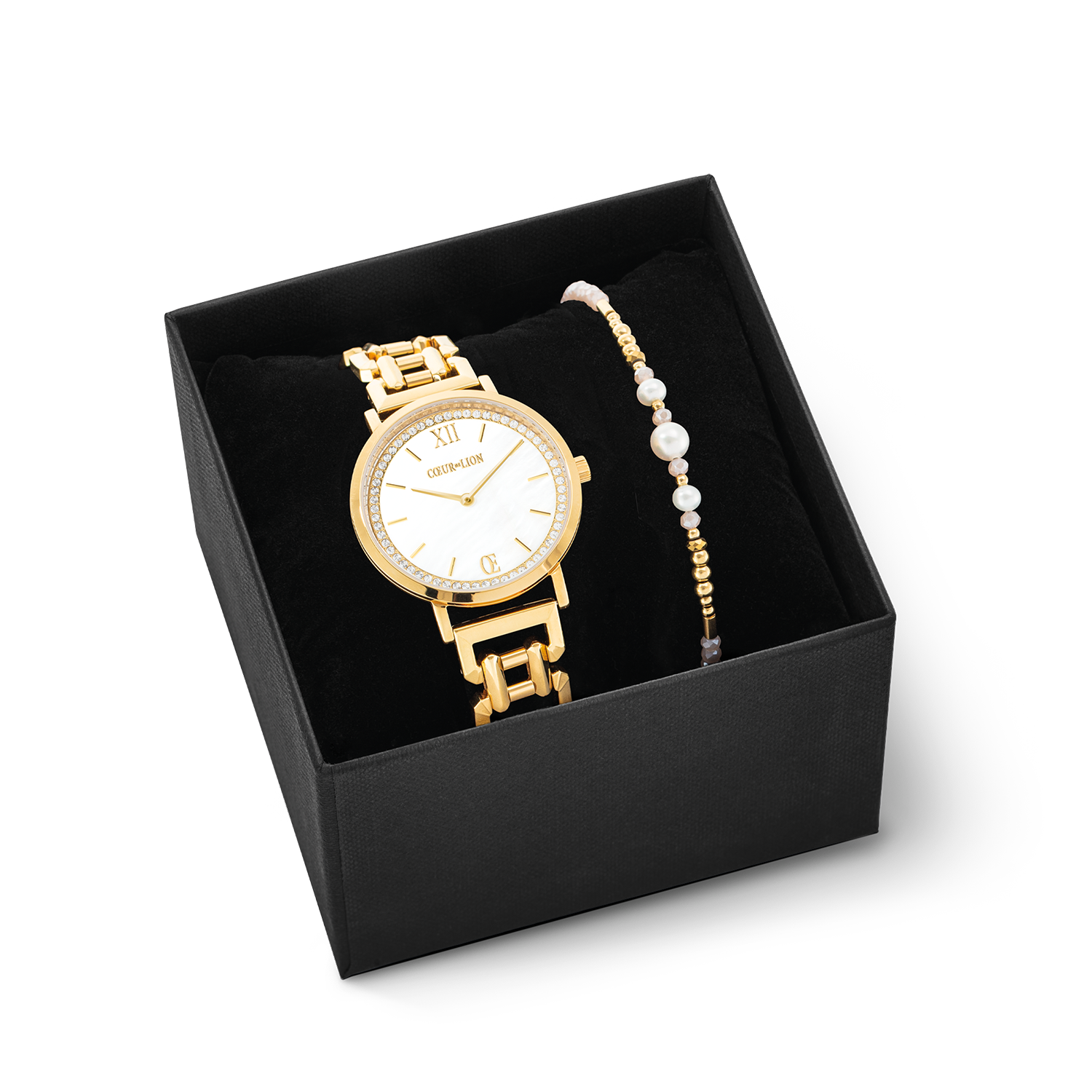 Gift Set Watch Round Sparkling Mother-of-Pearl & Bracelet Drops Gold