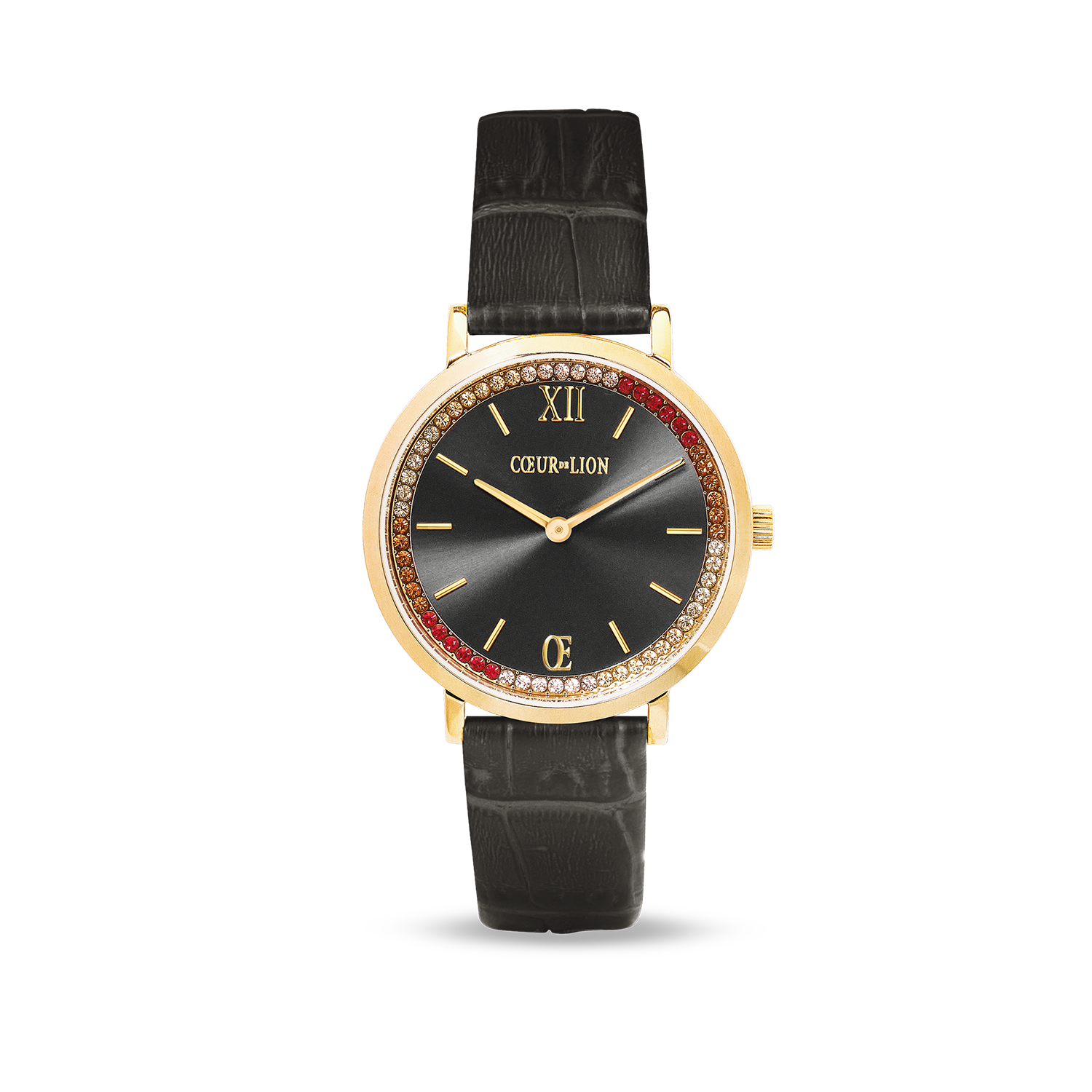 Round Sparkling Sunray Watch Dark Grey Leather Gold