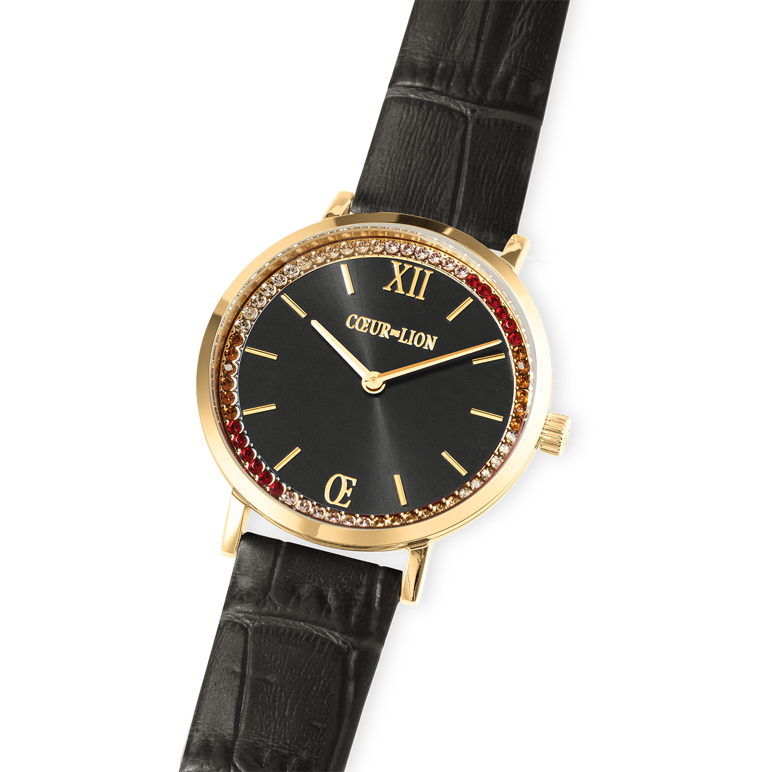 Round Sparkling Sunray Watch Dark Grey Leather Gold