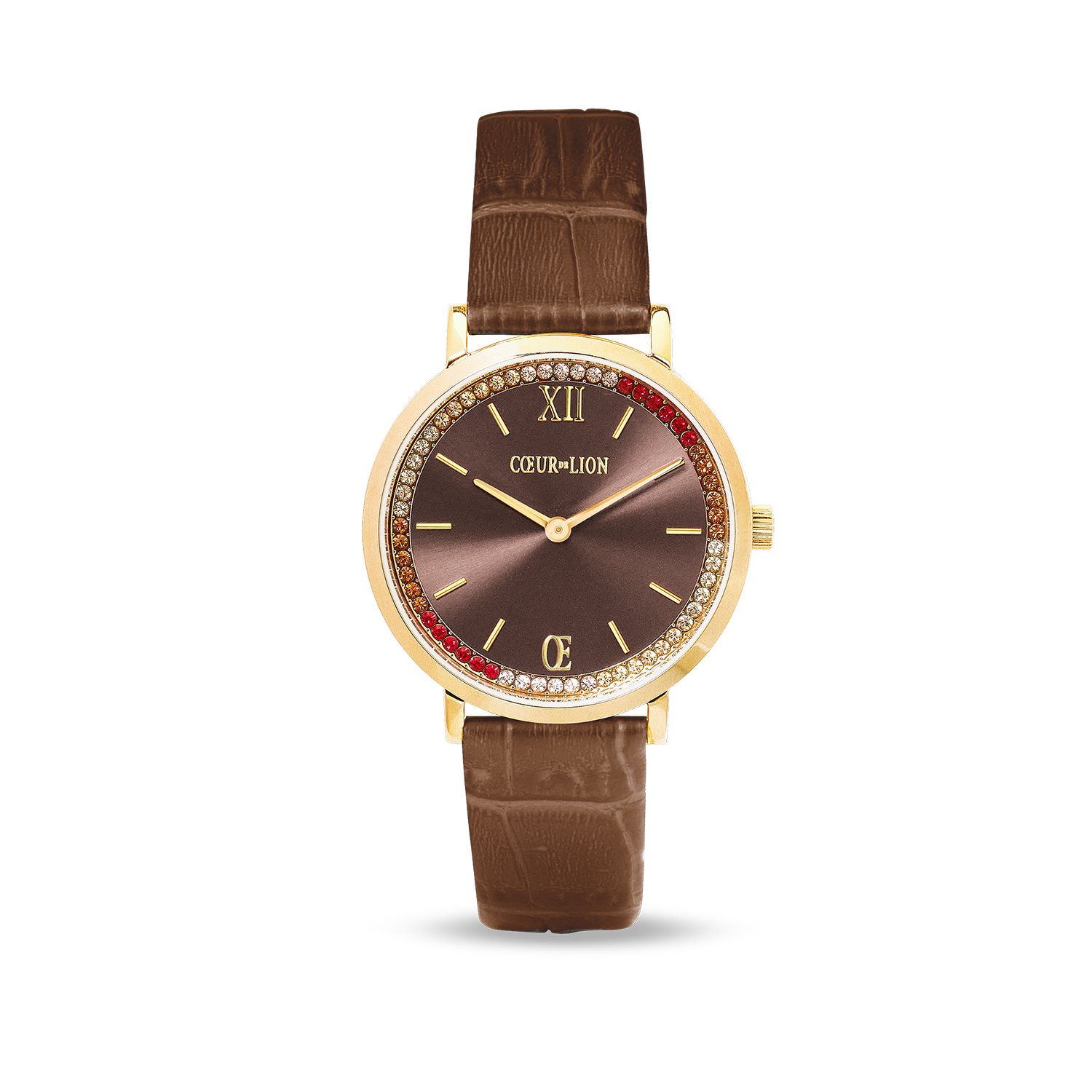 Watch Round Sparkling Sunray Bracelet Leather Brown Gold