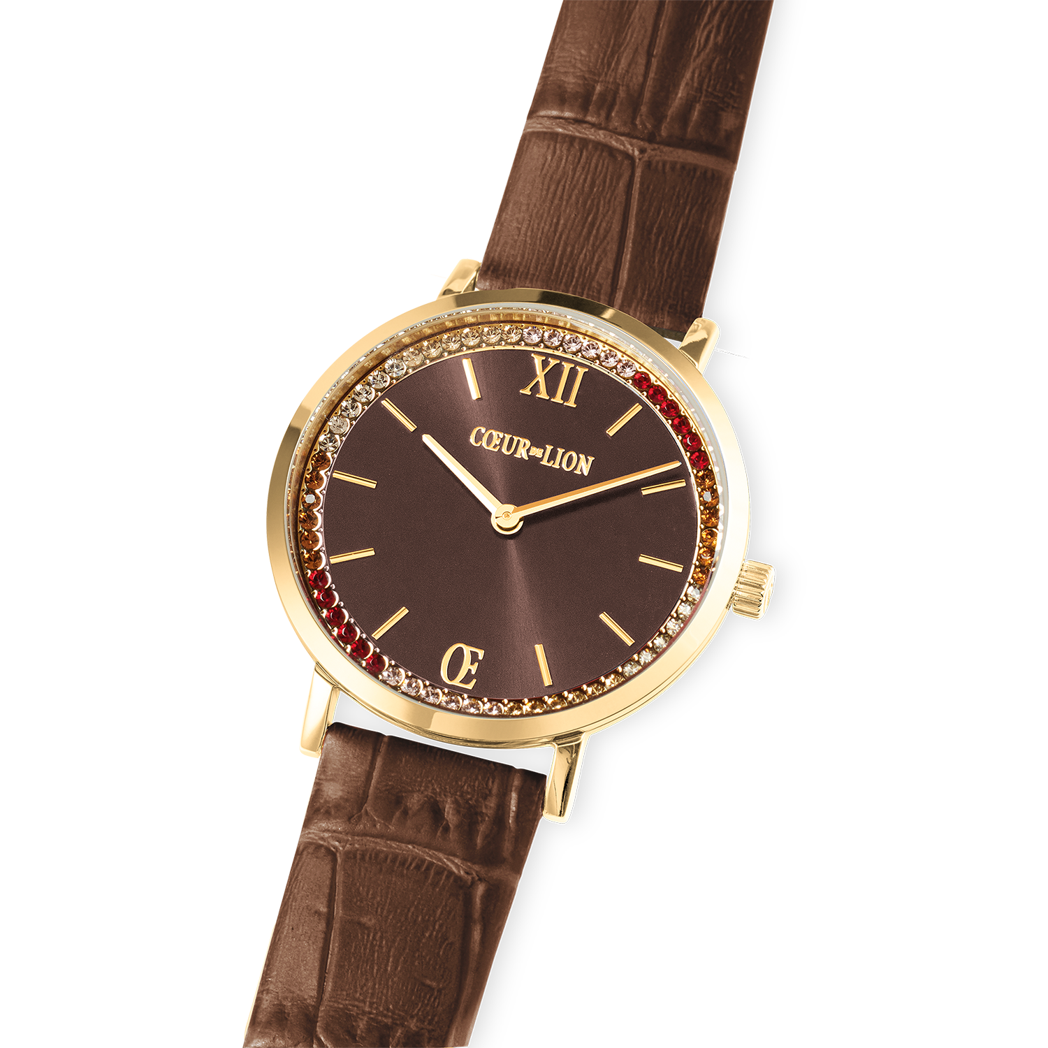 Watch Round Sparkling Sunray Bracelet Leather Brown Gold