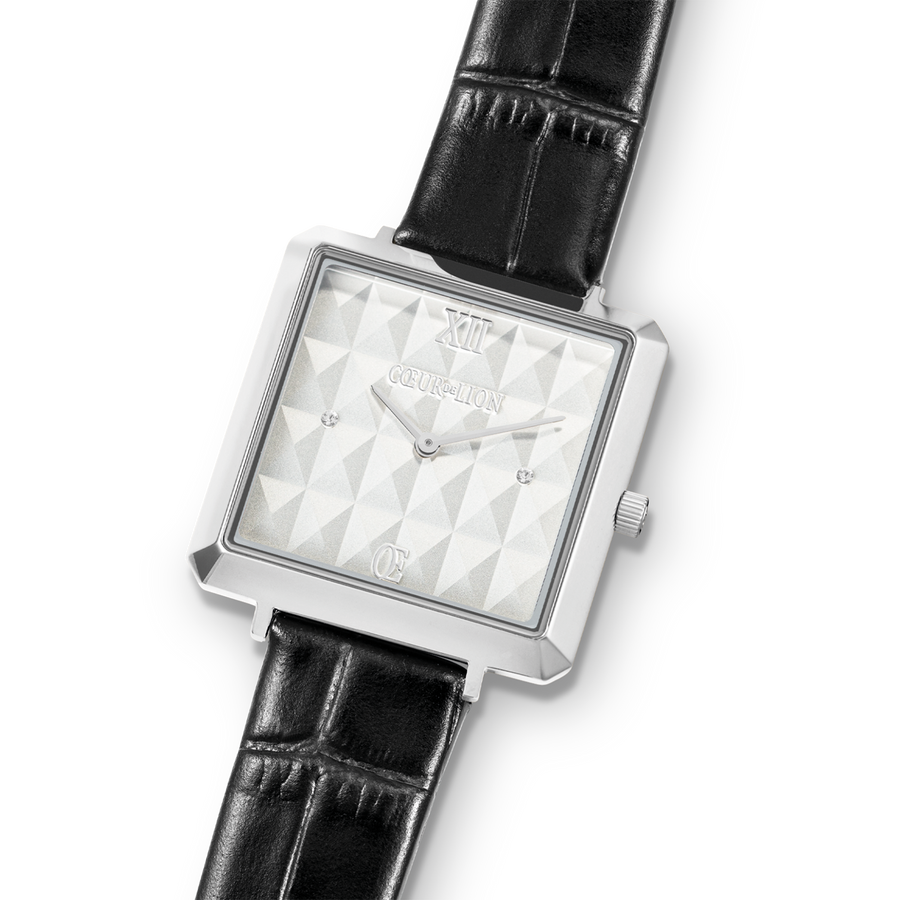 Watch Iconic Cube Spikes Silver Bracelet Leather Black