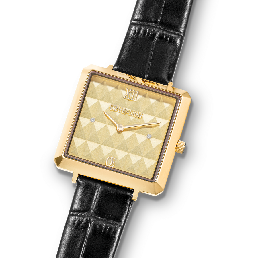 Watch Iconic Cube Spikes Gold Bracelet Leather Black