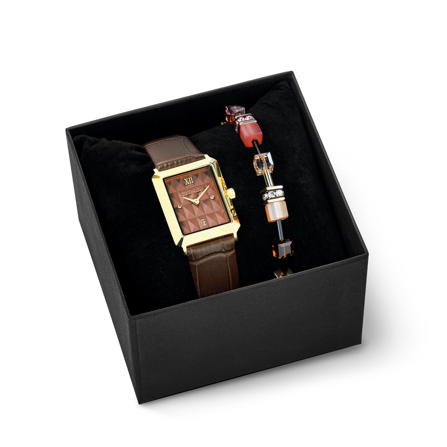 Gift Set Watch Iconic Spikes Mocha Mousse gold & GeoCUBE Iconic bracelet Earth Mirage