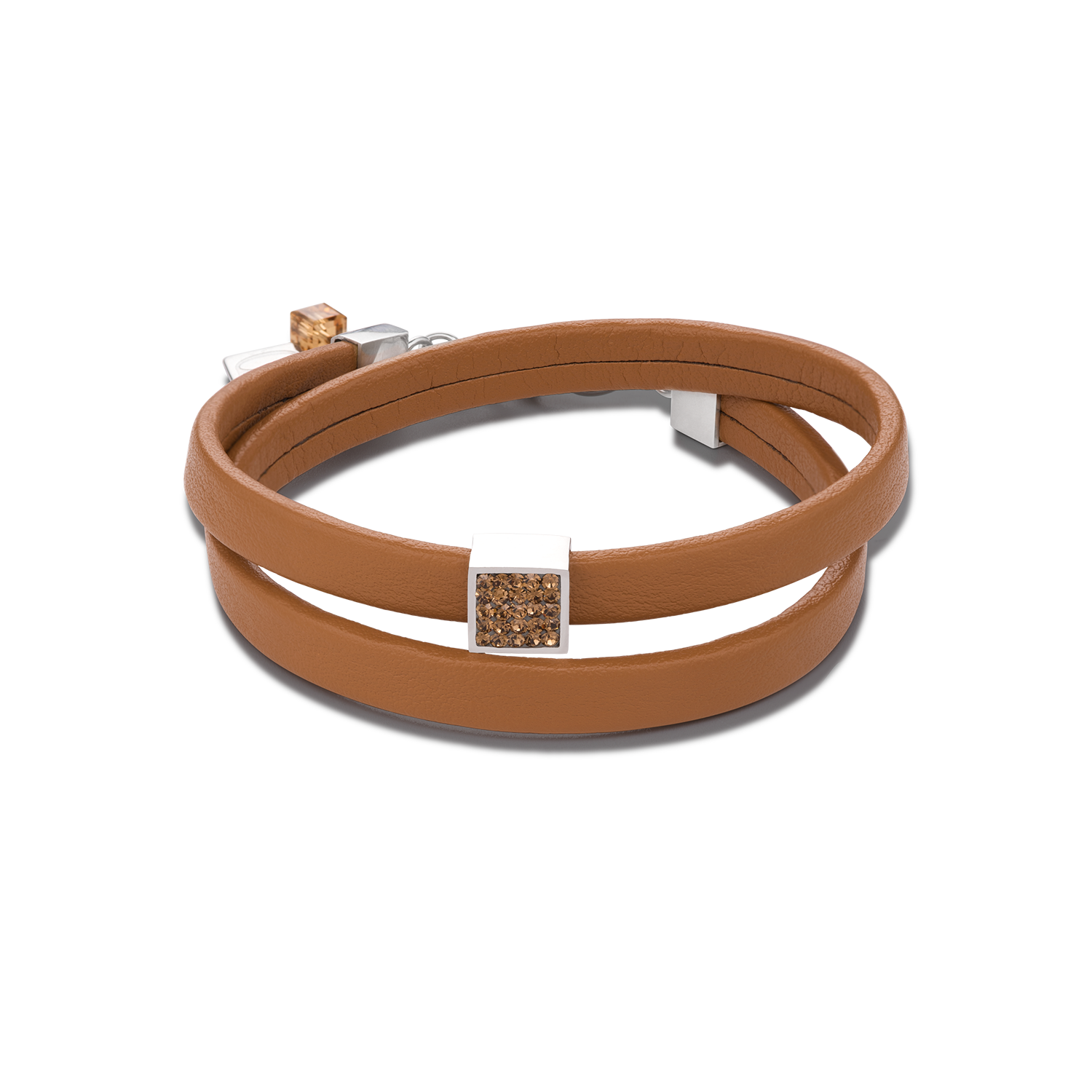 Bracelet leather & crystals pavé light brown