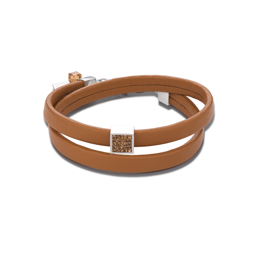 Bracelet leather & crystals pavé light brown
