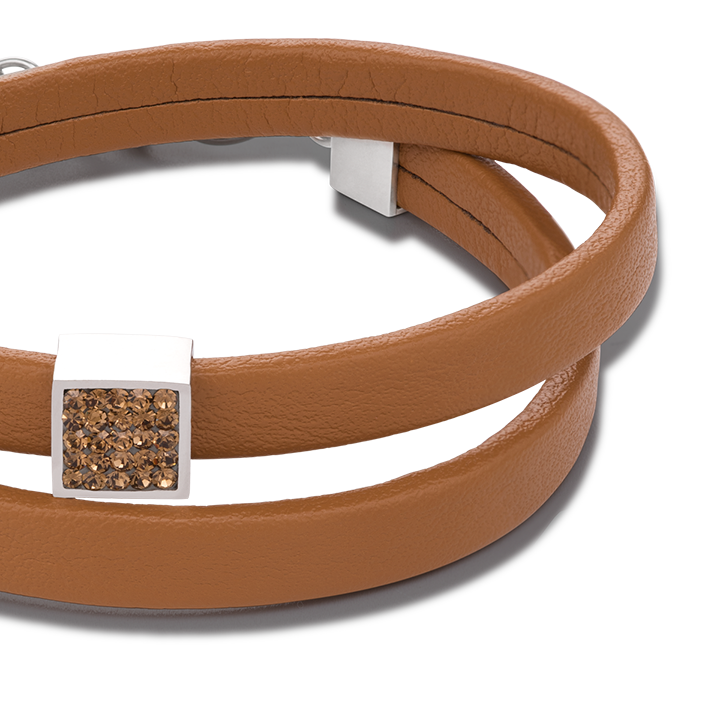 Bracelet leather & crystals pavé light brown