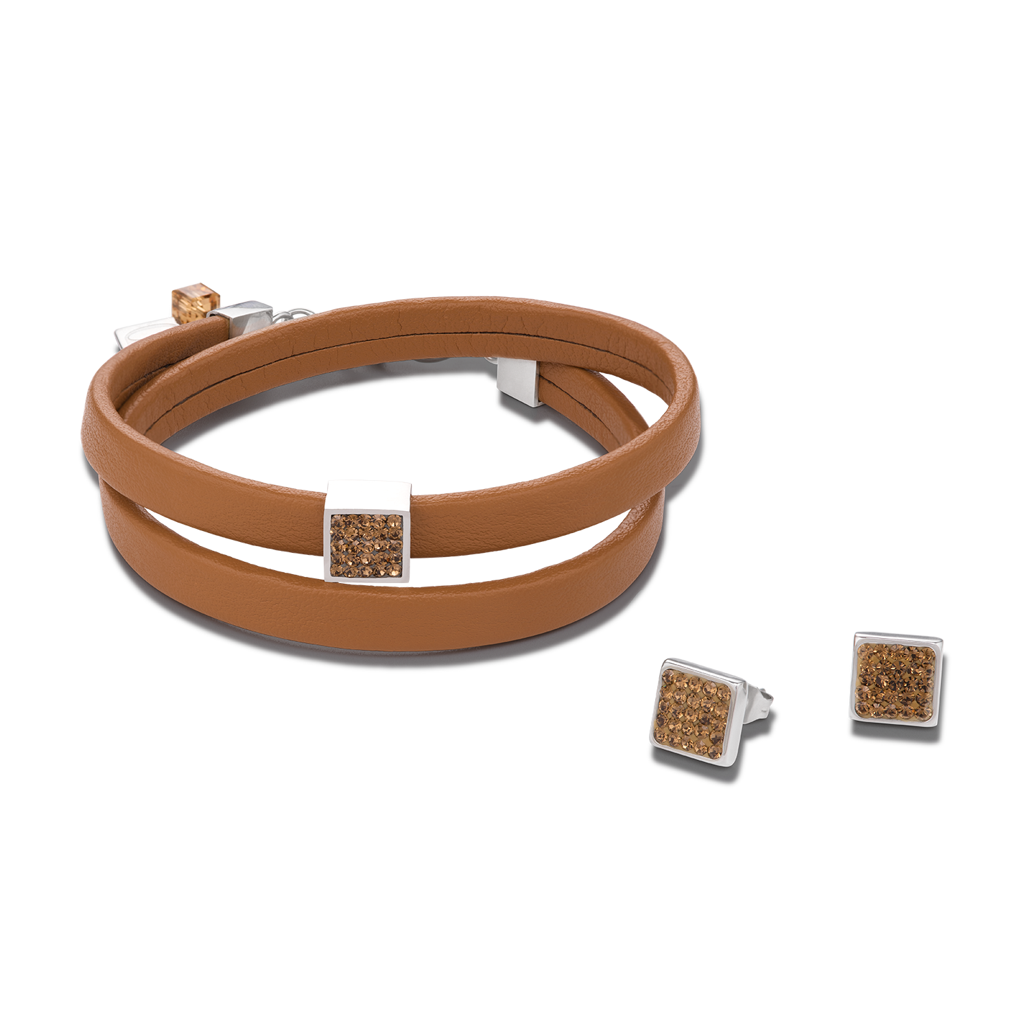 Bracelet leather & crystals pavé light brown