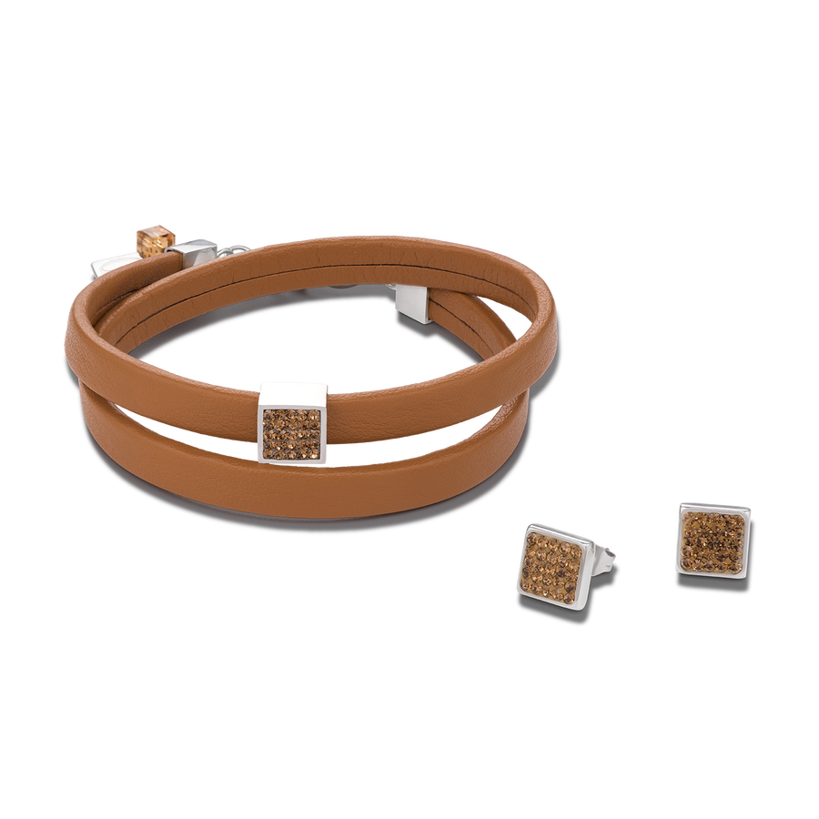Bracelet leather & crystals pavé light brown