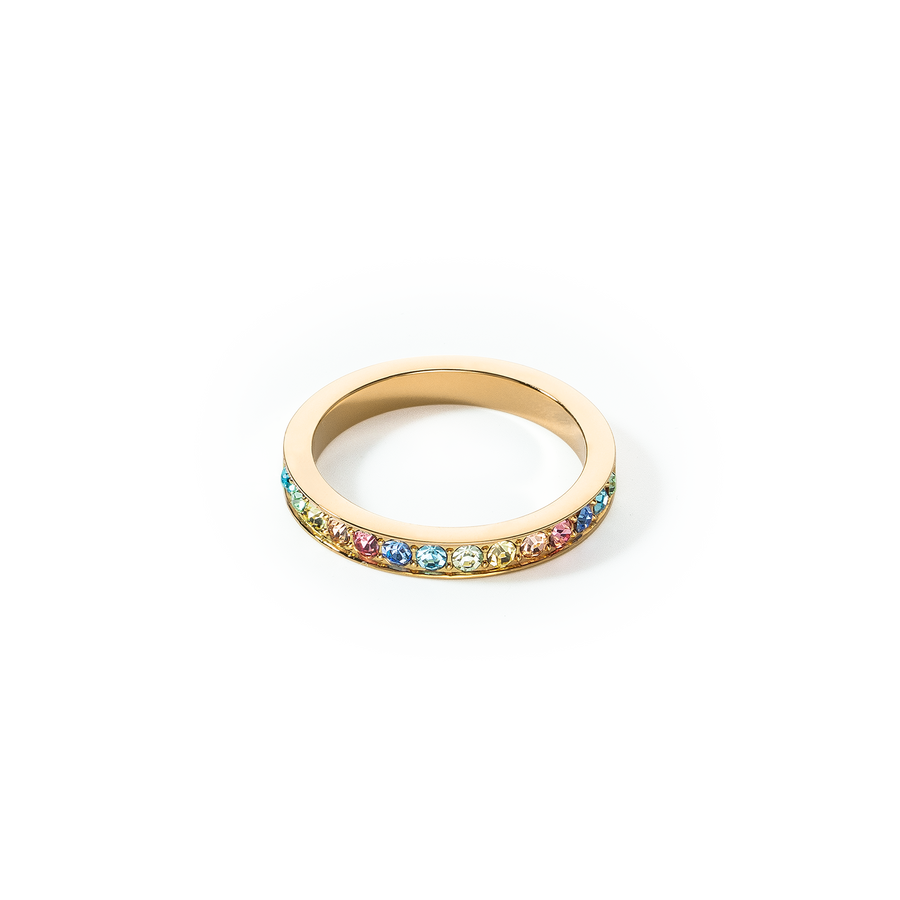 Ring stainless steel & crystals slim gold multicolour pastel