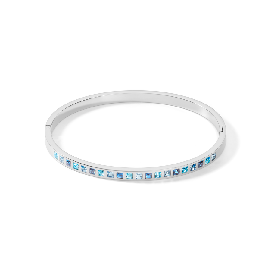 Bangle stainless steel silver & square crystals pavé multi-blue 17