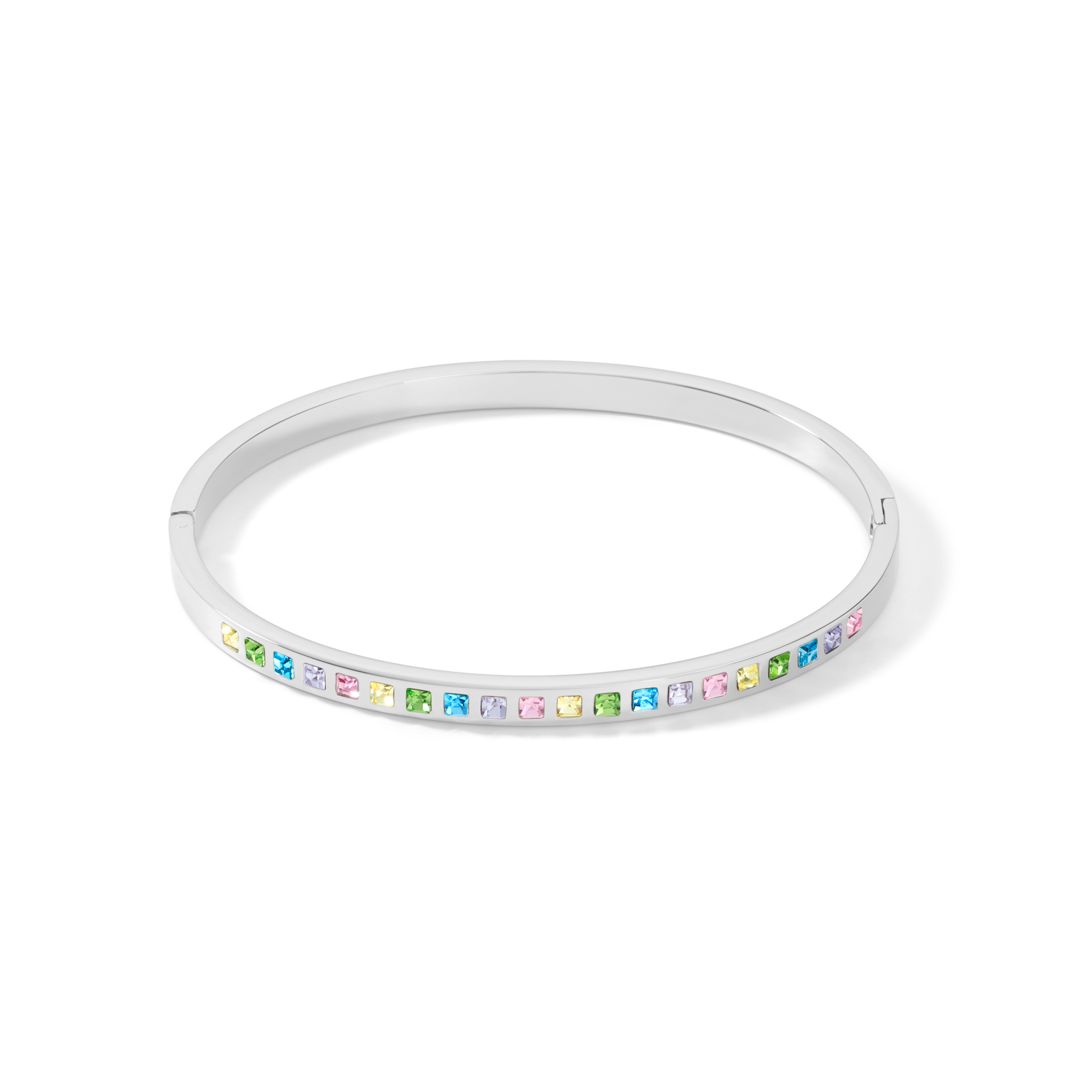 Bangle stainless steel silver & square crystals pavé multicolour pastel 17