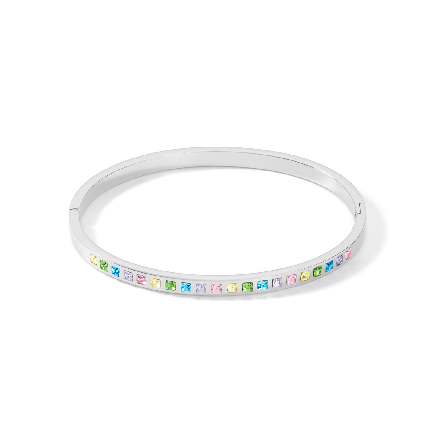 Bangle stainless steel silver & square crystals pavé multicolour pastel 19