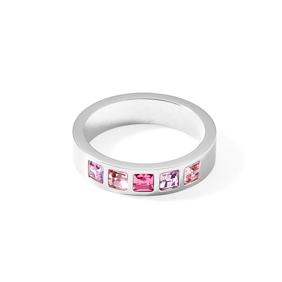 Ring stainless steel silver & square crystals pavé multi-rose