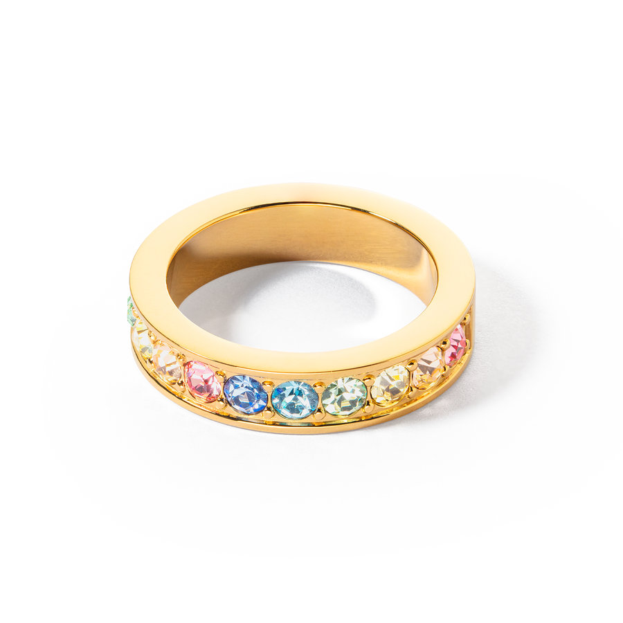 Ring stainless steel & crystals gold multi pastel