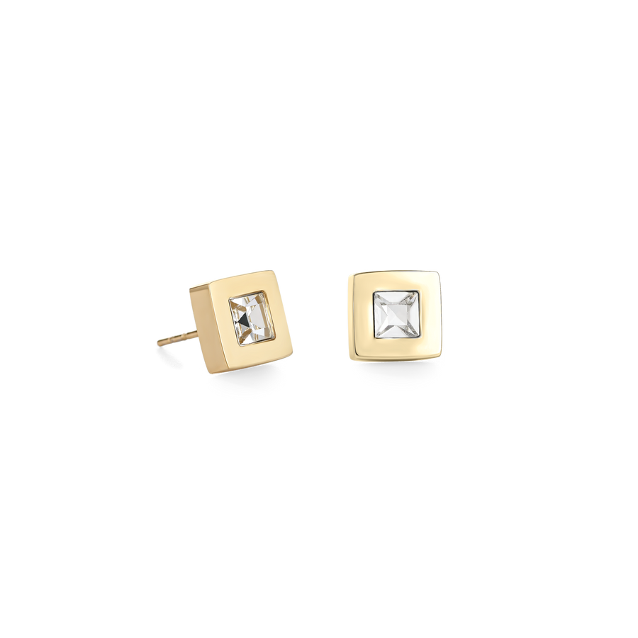 Earrings square stainlees steel gold & crystal