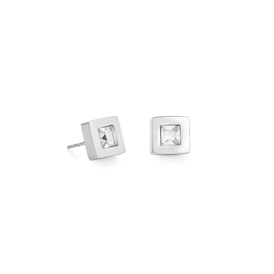 Earrings square stainlees steel silver & crystal