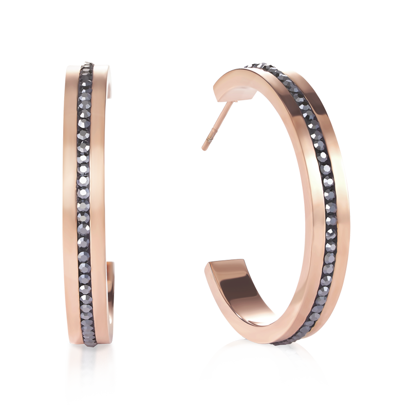 Earrings creole 30 stainless steel rose gold & crystals pavé strip anthracite